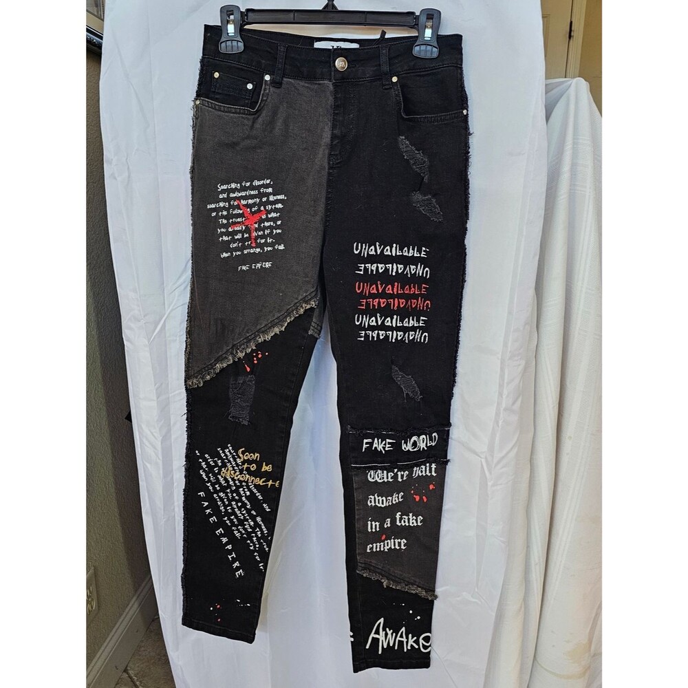 NWT JK Attire Patchwork Distressed Skinny Jeans Black Graphic Punk Grunge Wms 14
